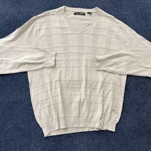 John Henry Sweater Mens Large Beige V Neck Cotton Windowpane Knit Lightweight